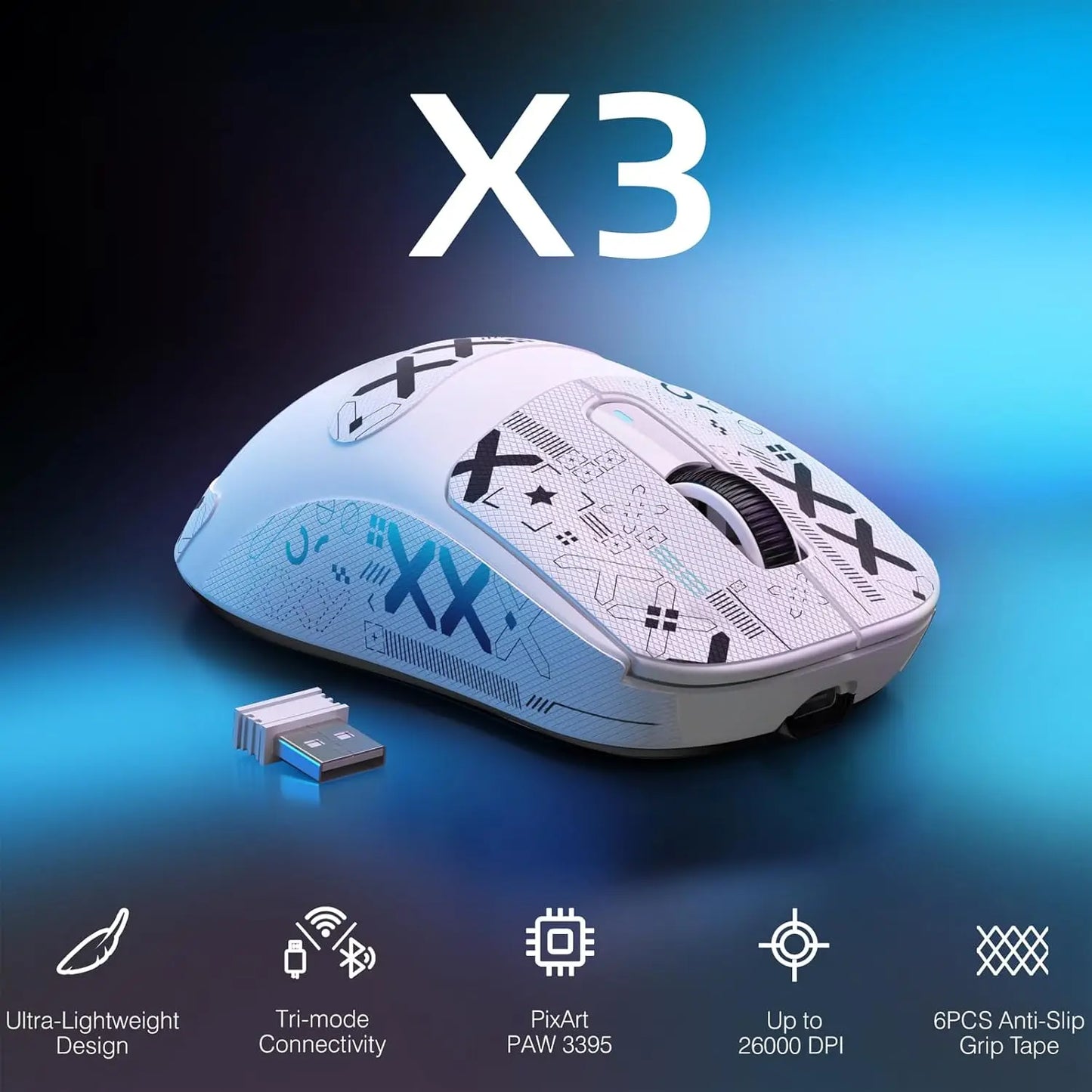 Mouse gaming wireless leggero ATTACK SHARK X3, 49g, tri-mode, sensore PAW3395 da 26K DPI, autonomia di 200h, 5 pulsanti programmabili