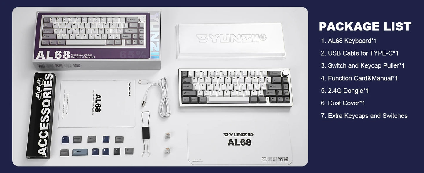 YUNZII AL68 Silver Aluminum Mechanical Gaming Keyboard, QMK/VIA Wireless Keyboard, Hot Swap Gasket Custom Keyboard with Knob