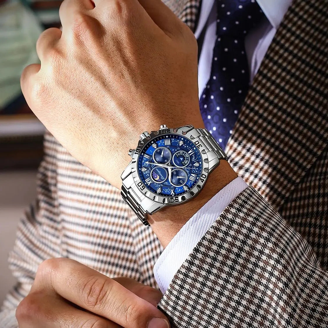Montre pour homme POEDAGAR – Chronographe de luxe, étanche et luminescent, en acier inoxydable, style sportif et militaire, à mouvement à quartz