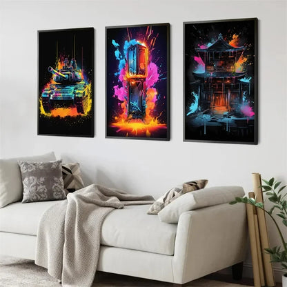 Póster Néon de Personagem de Videojogo com Gamepad, Auscultadores, Futebol e Basquetebol em Tela — Arte de Parede para Decoração de Quarto Gaming