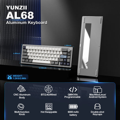 YUNZII AL68 Silver Aluminum Mechanical Gaming Keyboard, QMK/VIA Wireless Keyboard, Hot Swap Gasket Custom Keyboard with Knob