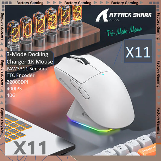 ATTACK SHARK X11 Tri-Mode lätt gamingmus med PAW3311, 22000DPI, 400IPS, 40G, 59g, magnetisk snabbladdning och RGB-bakgrundsbelysning