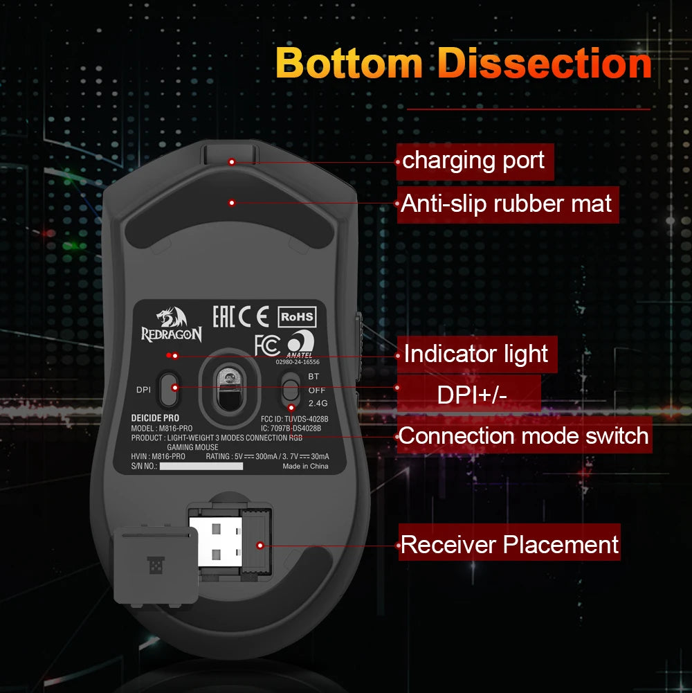 REDRAGON DEICIDE M816 PRO RGB USB mit Bluetooth-Unterstützung, 2.4G kabellose Gaming-Maus, 26000 DPI, 6 Tasten für Gamer, kabelgebundene Computermaus