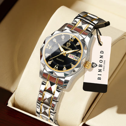 BINBOND ladies’ watch: a robust, luxurious, luminescent and water-resistant quartz watch, featuring an accurate date and day-of-the-week display.