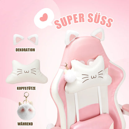Cat Ear Gaming Chair with Footrest, Ergonomic Computer Gaming Chair with Lumbar Support, Adjustable Height 360° Swivel Racing Chair