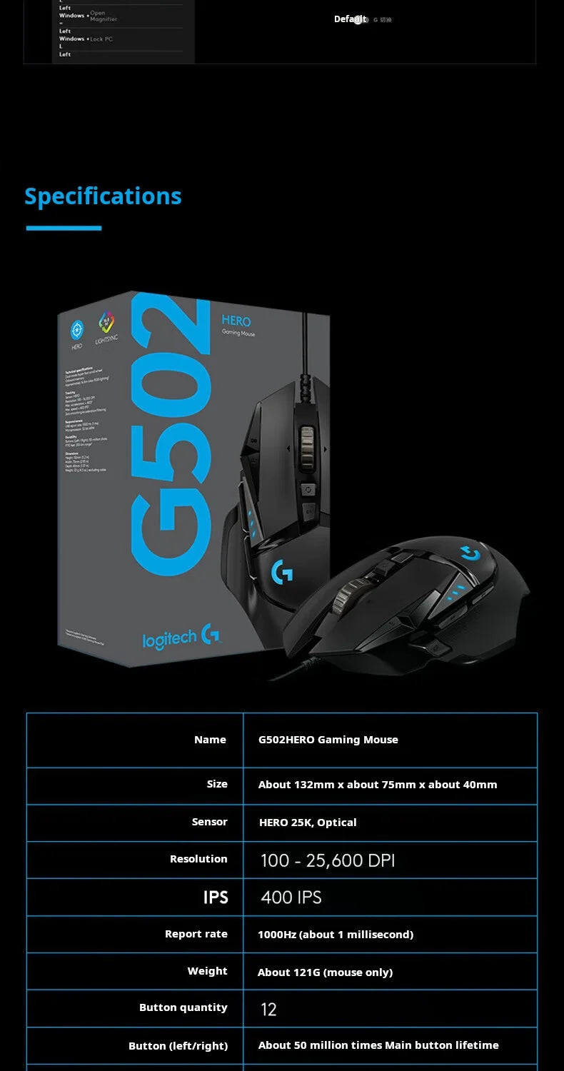 Logitech G502 HERO High Performance Wired Gaming Mouse HERO 25K Sensor 25,600 DPI RGB Adjustable Weights 11 Buttons PC/Mac Mouse