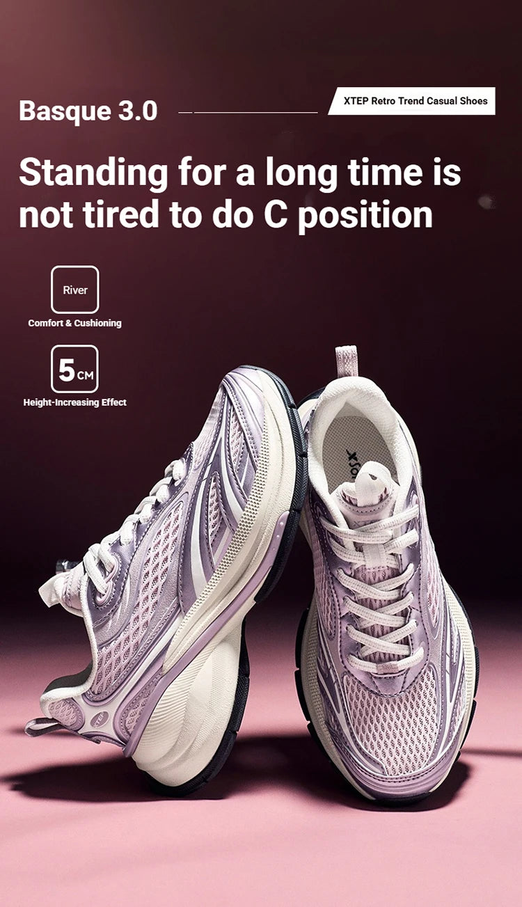 Xtep Basque 3 Sneakers Women Lightweight Wear-Resistant Trendy Durability Thick Sole Casual Sports Female Shoes 874218320006