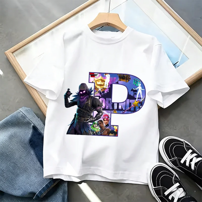 Μπλουζάκι Fortnite με στάμπα αλφαβήτου A-Z για παιδιά, καλοκαιρινό, λευκό, δημοφιλές cartoon game, casual κοντομάνικο τοπ μόδας, ιδανικό για δώρο