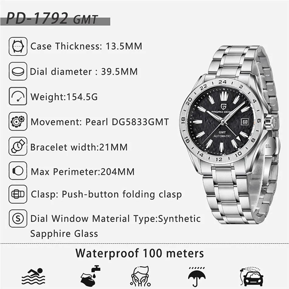 PAGANI DESIGN New GMT Men's Mechanical Watches 100M Waterproof Clock Sapphire Glass Automatic Men Watch PD-1792 Relogio Masculino