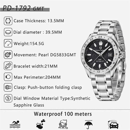 PAGANI DESIGN New GMT Men's Mechanical Watches 100M Waterproof Clock Sapphire Glass Automatic Men Watch PD-1792 Relogio Masculino
