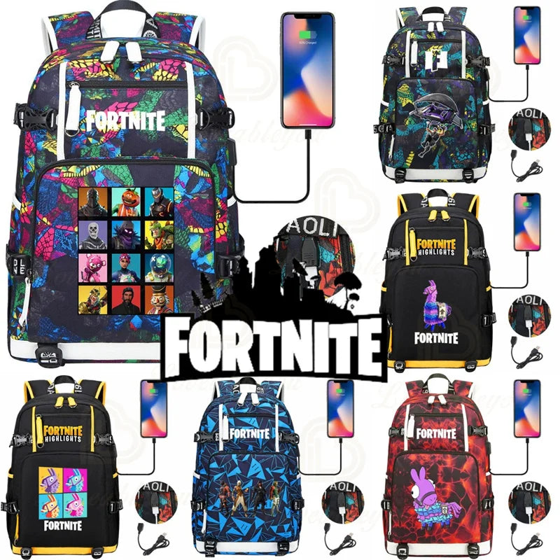 Red Jade F-Fortnited Battle Royale Backpack with USB Charging Anime Figures Study Stationery Compartment for Students Mochila
