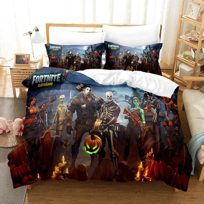 F-Fortnite 3PCS Bedding Set Battle Royale Kids Duvet Cover Quilt Pillowcase Double Size Victory Game Bedroom Linen Decoration