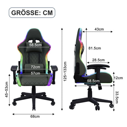 Anajqaqia Gaming Chair RGB LED Light Lumbar Massage Adjustable 90-135° Backrest Ergonomic Office Chair