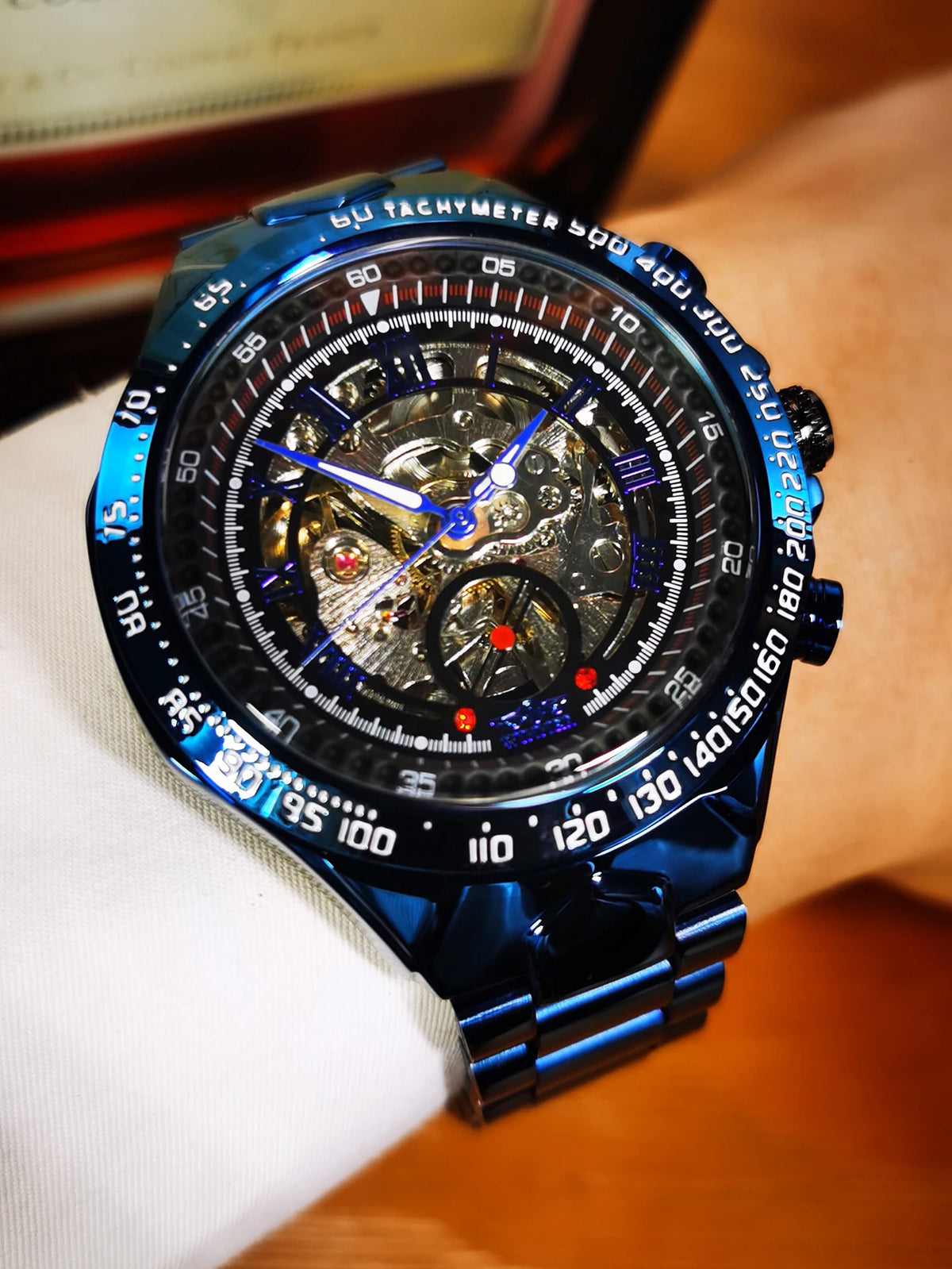Relógio automático para homem WINNER – Modelo esqueleto transparente, ponteiros luminescentes, bracelete em aço inoxidável, relógio mecânico de marca de luxo
