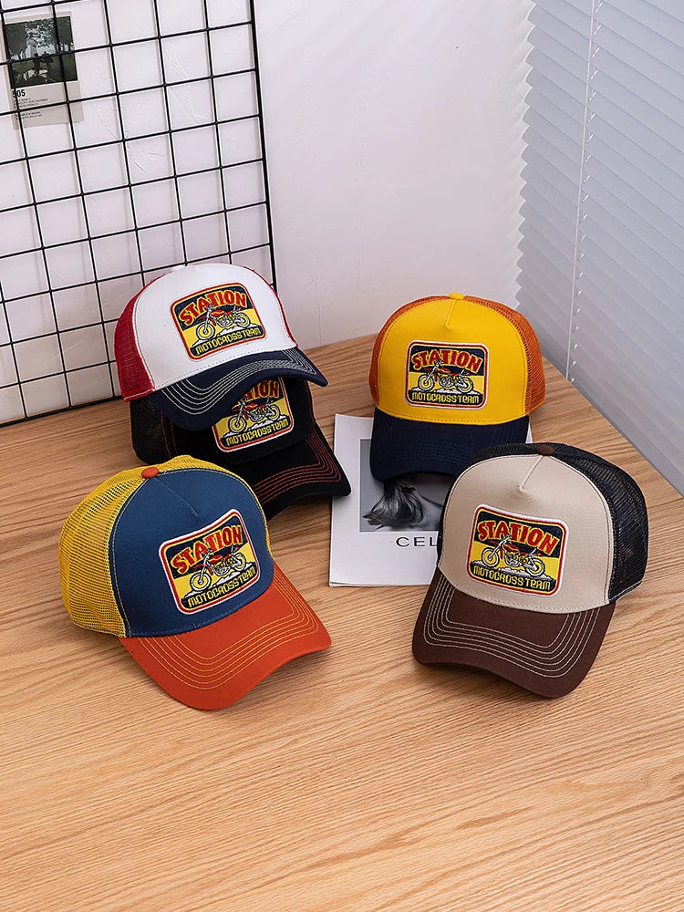Cappellino da baseball unisex in rete, modello Trucker classico con motivo motociclistico, traspirante, estivo, in stile streetwear per uomo e donna