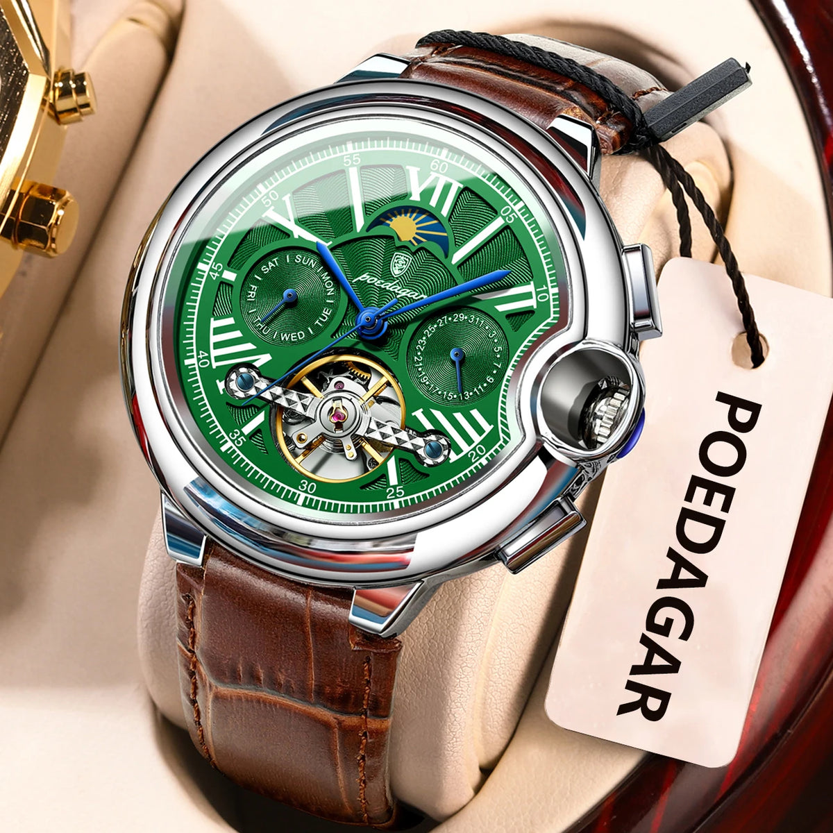 Montre pour homme POEDAGAR, style luxe et professionnel, avec affichage de la date et du jour, tourbillon, boîtier en acier inoxydable, mouvement mécanique automatique et étanchéité.
