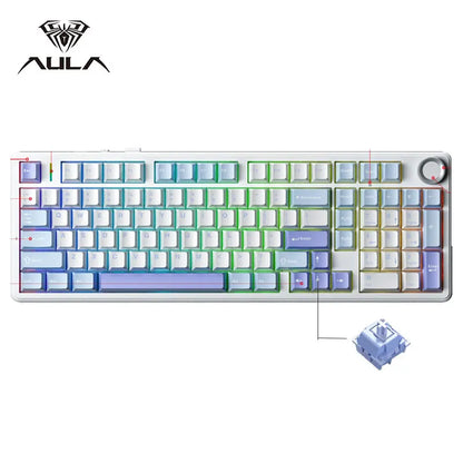Tastiera meccanica gaming AULA F99PRO 99 tasti, tri-mode wireless, hot-swappable, struttura gasket, tastiera personalizzabile con manopola multimediale