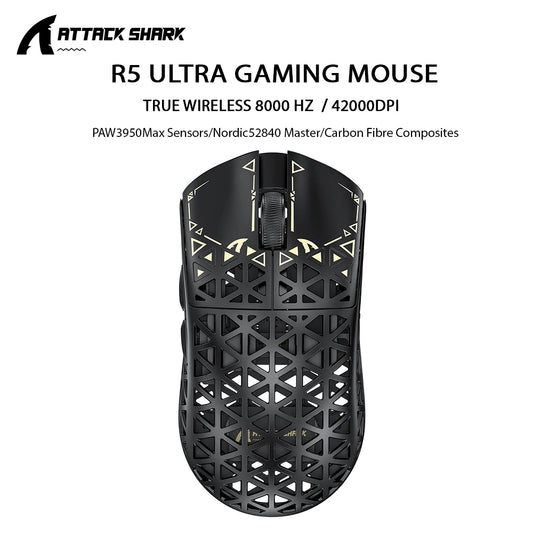 ATTACK SHARK R5 ULTRA trådlös gamingmus – 8K polling, PAW3950MAX-sensor, 42,000 DPI, ultralätt kolfiber för professionell esport