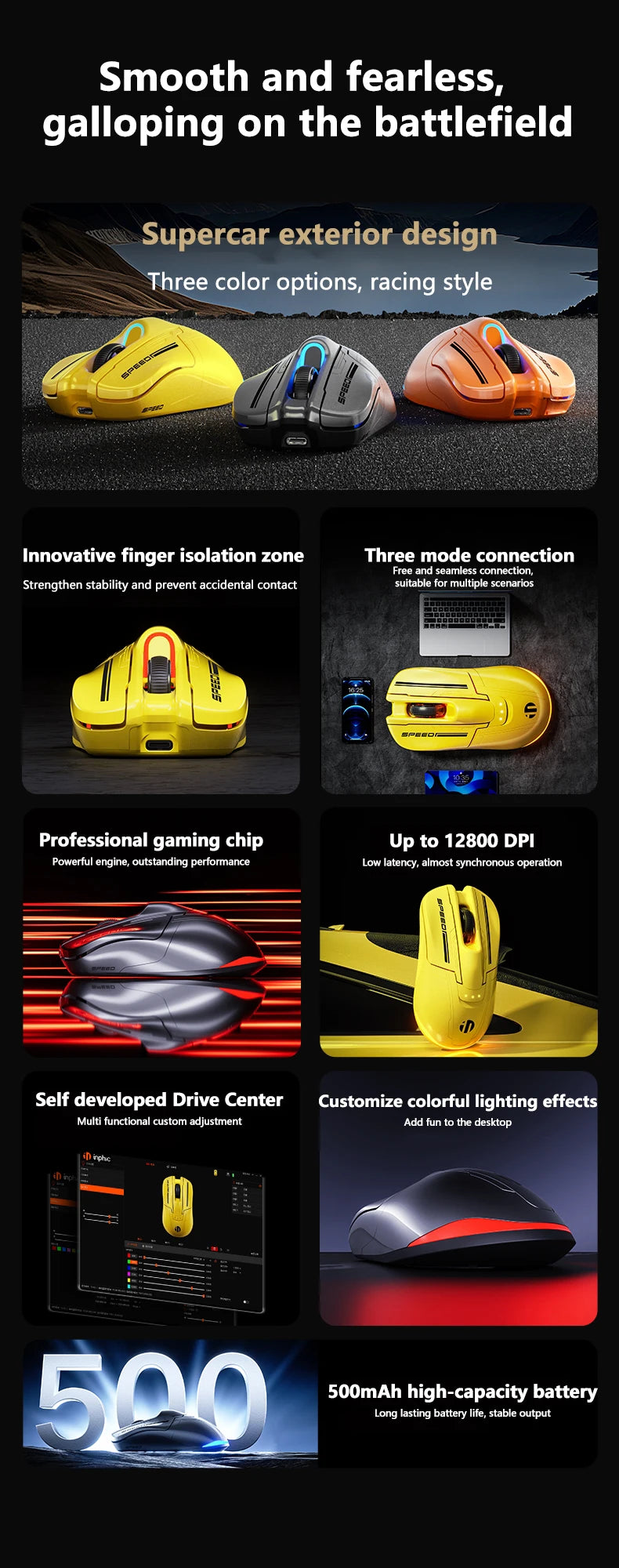 INPHIC Super Racing Car Series kabellose Bluetooth-Gaming-Maus 500mA mit Akkustandsanzeige und anpassbaren Lichteffekten