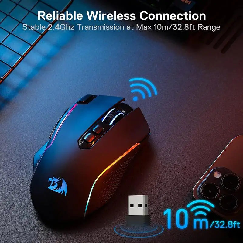 Redragon M810 Pro безжична геймърска мишка, 10000 DPI жична геймърска мишка с бутон Rapid Fire, 8 макро бутона, черно-бяла мишка