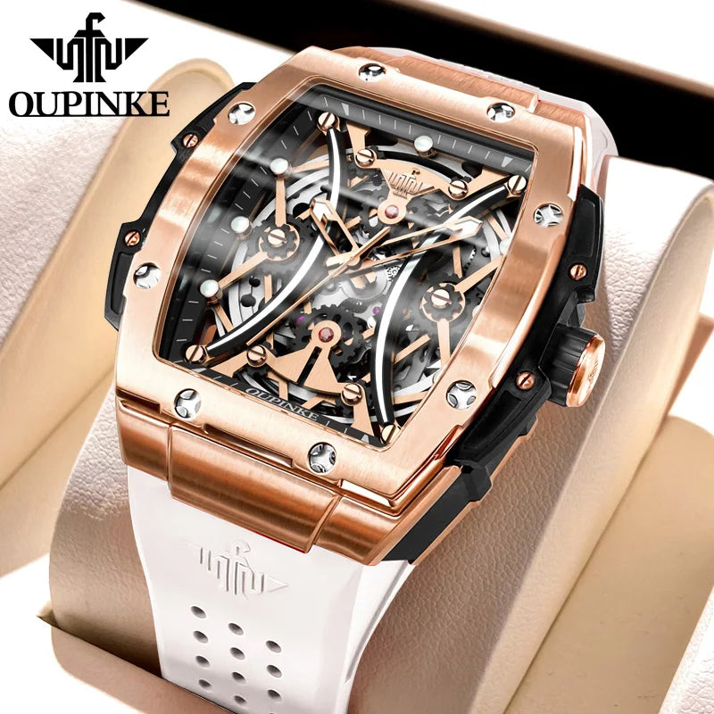 OUPINKE Herrenuhr – klassische Luxus-Armbanduhr mit Tonneau-Zifferblatt, Original-Topmarke, automatische mechanische Uhr, Silikonarmband, Saphirglas, neu