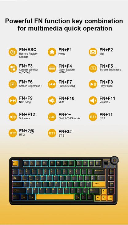 Teclado mecânico gaming esports AULA AU75, três modos, 81 teclas, teclas PBT, hot-swappable, RGB, teclado sem fios para PC desktop e escrita
