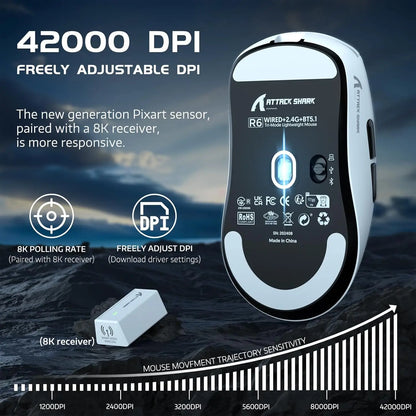 Attack Shark R6 Lightweight Wireless Gaming Mouse, PAW 3950Max Sensor Computer Mouse with Nordic 52480, 8KHz Polling