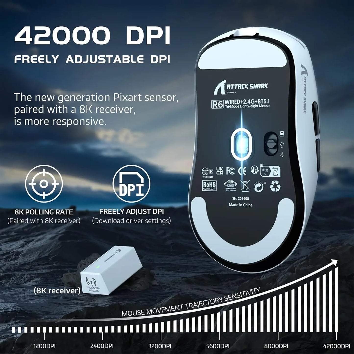 Ratón gaming inalámbrico ligero Attack Shark R6, ratón para ordenador con sensor PAW 3950Max y Nordic 52480, sondeo de 8KHz
