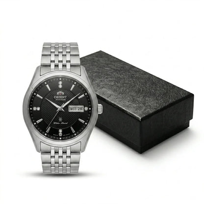 Montre mécanique automatique pour homme Orient, avec double calendrier (date et jour de la semaine), index en cristal et bracelet en acier inoxydable – Montre-bracelet de style professionnel