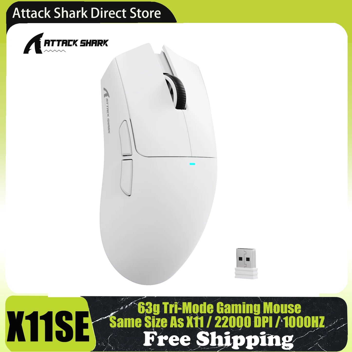 Ratón gaming inalámbrico ATTACK SHARK X11SE, trimodo, superligero de 63g con sensor PAW3311, 22000 DPI, batería de 300mAh, controlador dual