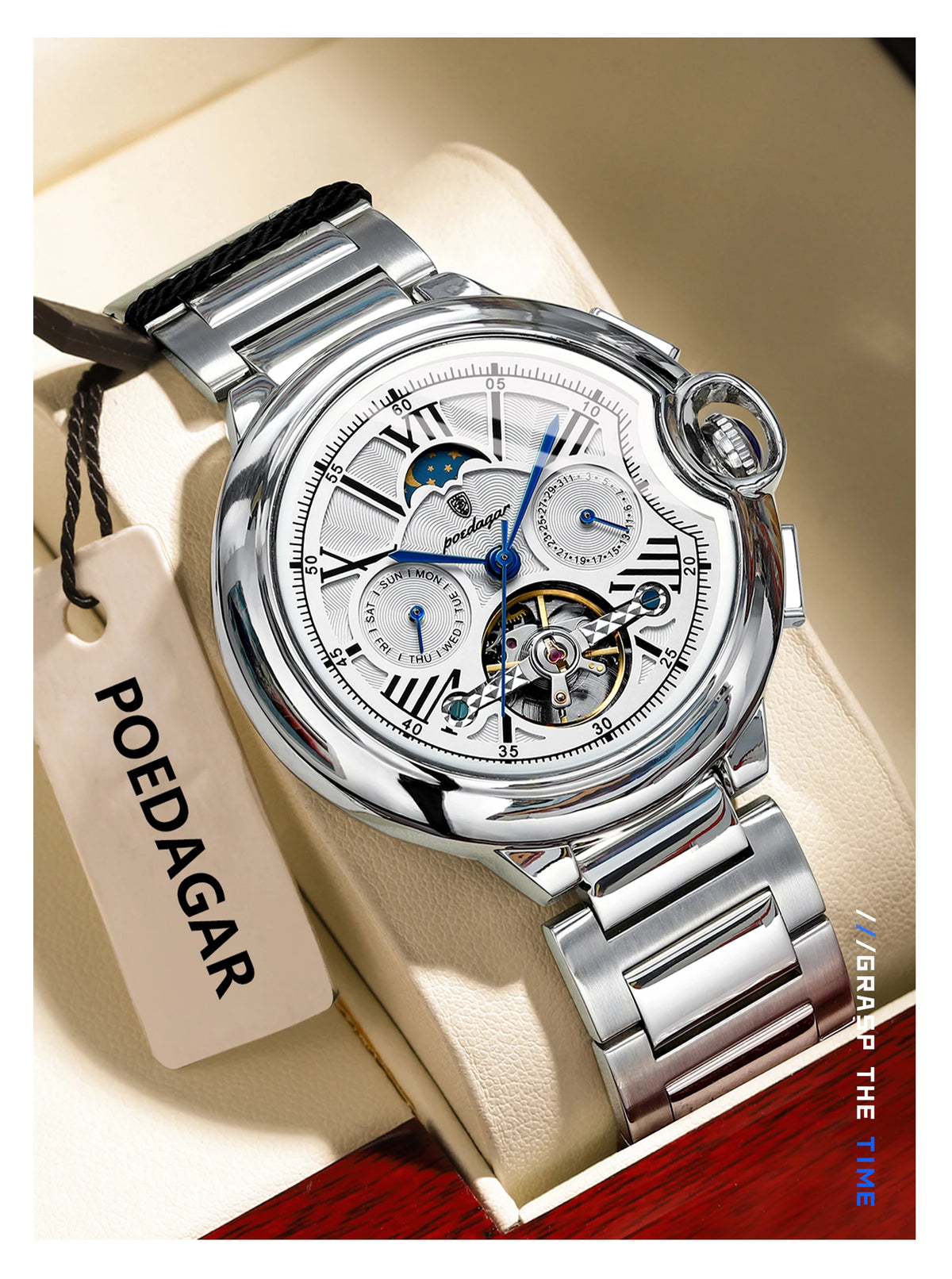 Montre pour homme POEDAGAR, style luxe et professionnel, avec affichage de la date et du jour, tourbillon, boîtier en acier inoxydable, mouvement mécanique automatique et étanchéité.
