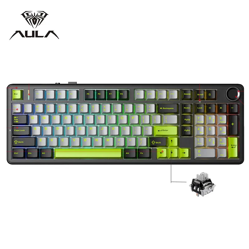 Tastiera meccanica gaming AULA F99PRO 99 tasti, tri-mode wireless, hot-swappable, struttura gasket, tastiera personalizzabile con manopola multimediale