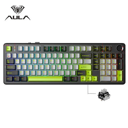 Tastiera meccanica gaming AULA F99PRO 99 tasti, tri-mode wireless, hot-swappable, struttura gasket, tastiera personalizzabile con manopola multimediale
