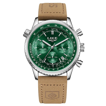 LIGE luxury men’s watch – Chronograph with date, stainless steel, water-resistant, luminescent, sporty and military style, men’s quartz watch