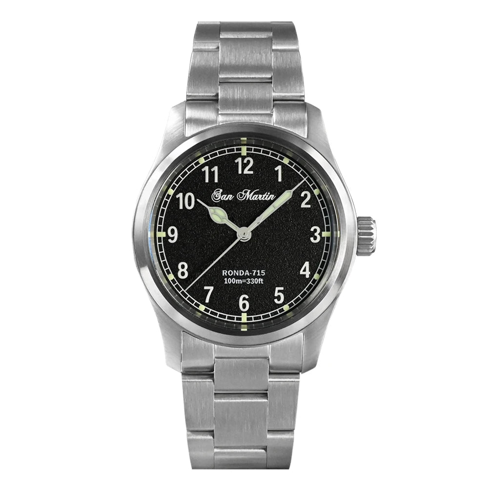 San Martin 37mm Ronda 715 Quartz Watch Men Simple Fashion 10Bar Waterproof Pilot Wristwatch BGW-9 Blue C3 Green Luminous SN0034A