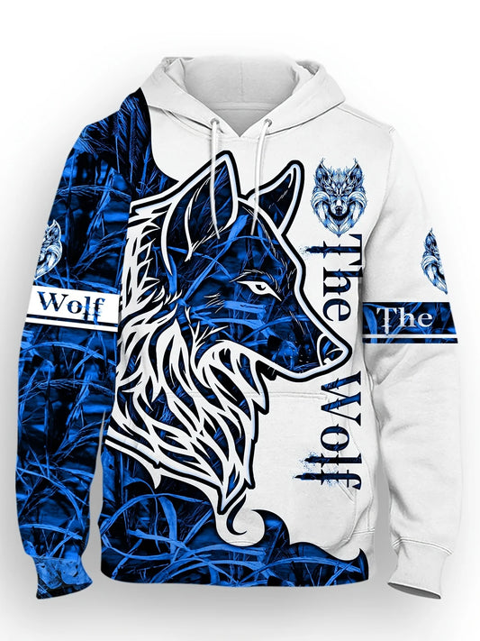 Fashionable men's autumn personalized wolf print soft and comfortable hooded sweatshirt outdoor street style clothing