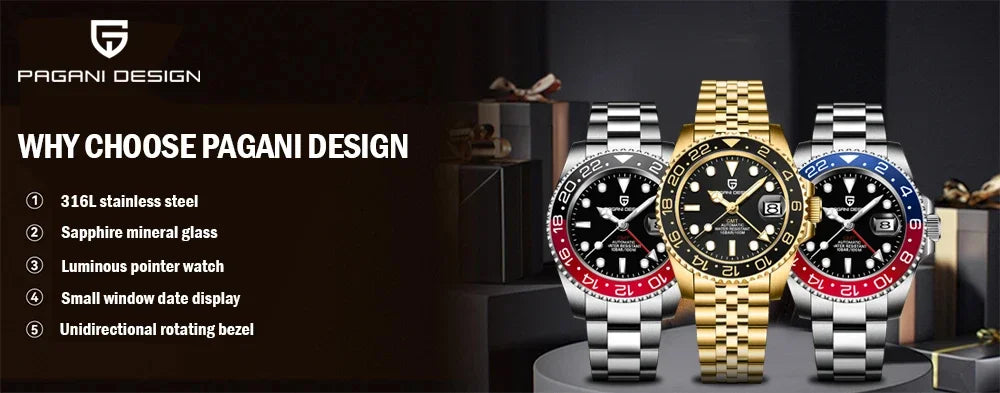 PAGANI DESIGN 40MM GMT Herrenuhr, luxuriöse mechanische Automatikuhr mit Saphirglas AR, Keramiklünette, 100M wasserdicht, Geschenk-Uhr