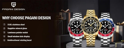 PAGANI DESIGN 40MM GMT Herrenuhr, luxuriöse mechanische Automatikuhr mit Saphirglas AR, Keramiklünette, 100M wasserdicht, Geschenk-Uhr