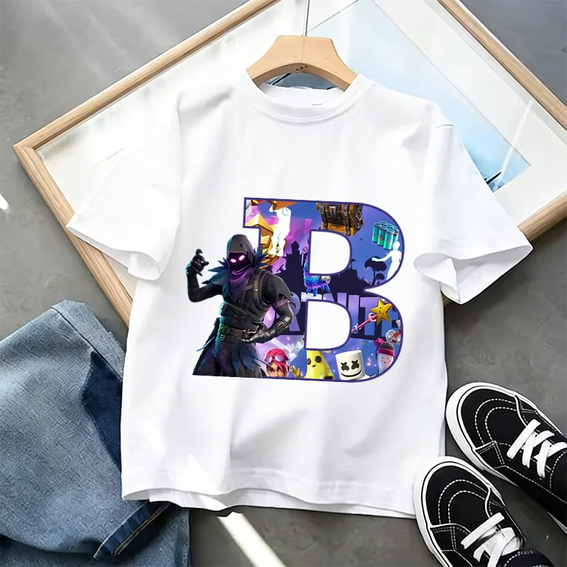 Μπλουζάκι Fortnite με στάμπα αλφαβήτου A-Z για παιδιά, καλοκαιρινό, λευκό, δημοφιλές cartoon game, casual κοντομάνικο τοπ μόδας, ιδανικό για δώρο