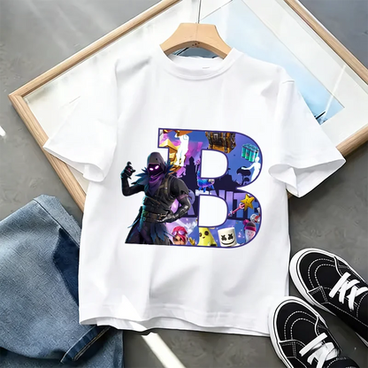 Μπλουζάκι Fortnite με στάμπα αλφαβήτου A-Z για παιδιά, καλοκαιρινό, λευκό, δημοφιλές cartoon game, casual κοντομάνικο τοπ μόδας, ιδανικό για δώρο