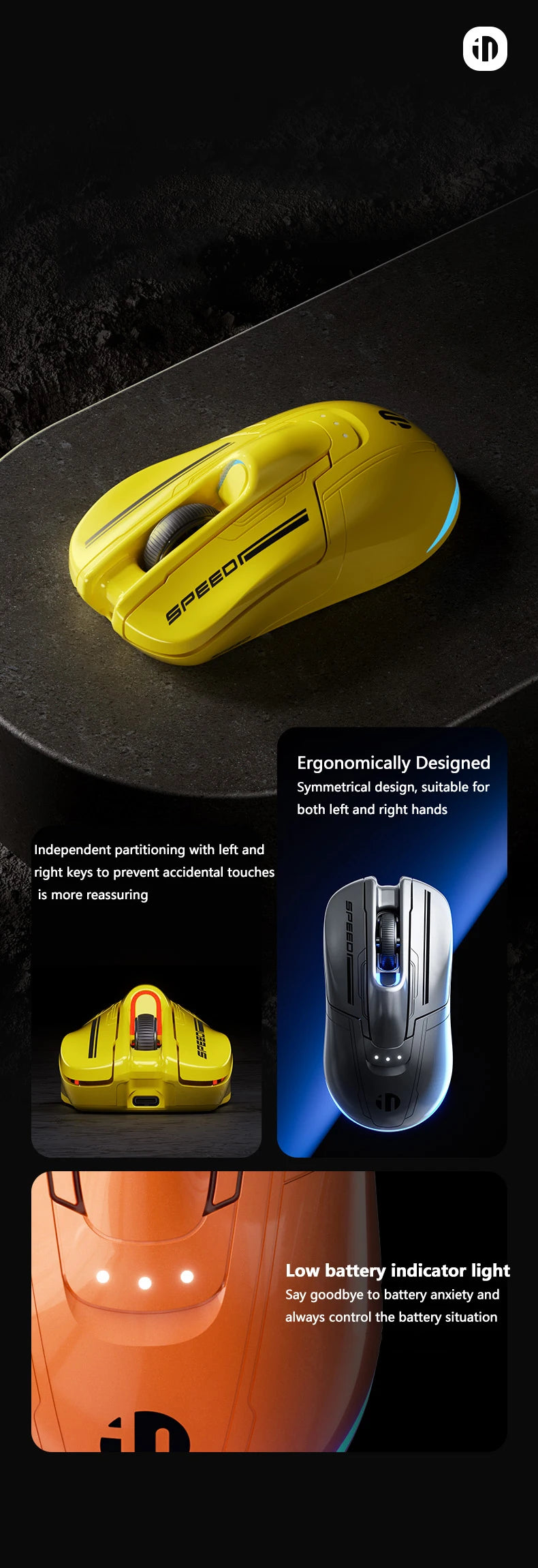 INPHIC Super Racing Car Series kabellose Bluetooth-Gaming-Maus 500mA mit Akkustandsanzeige und anpassbaren Lichteffekten