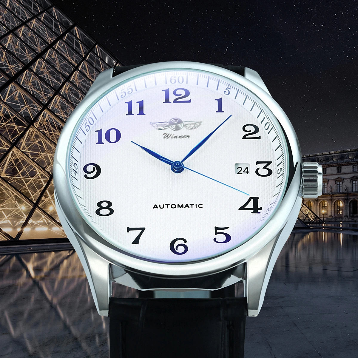 Montre classique pour homme – Style rétro avec calendrier et aiguilles bleues, mouvement mécanique automatique, marque de prestige, boîtier en acier et bracelet en cuir
