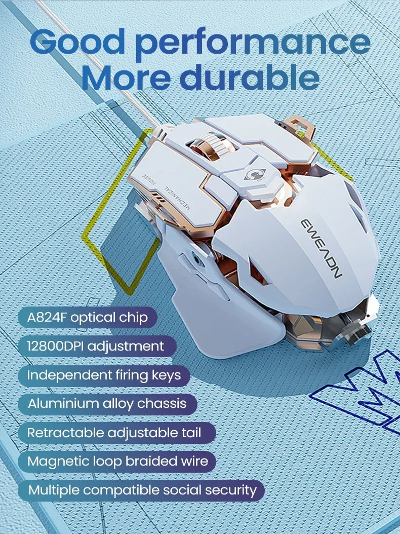 Mouse gaming cablato e-sport meccanico G5 RGB 9 pulsanti con programmazione macro, silenzioso, 12800 DPI per computer desktop e laptop