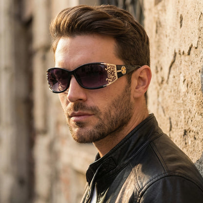 New wraparound diamond metal shiny polarizing driving sunglasses, vintage fashion, personalized trend, hollow-out lace