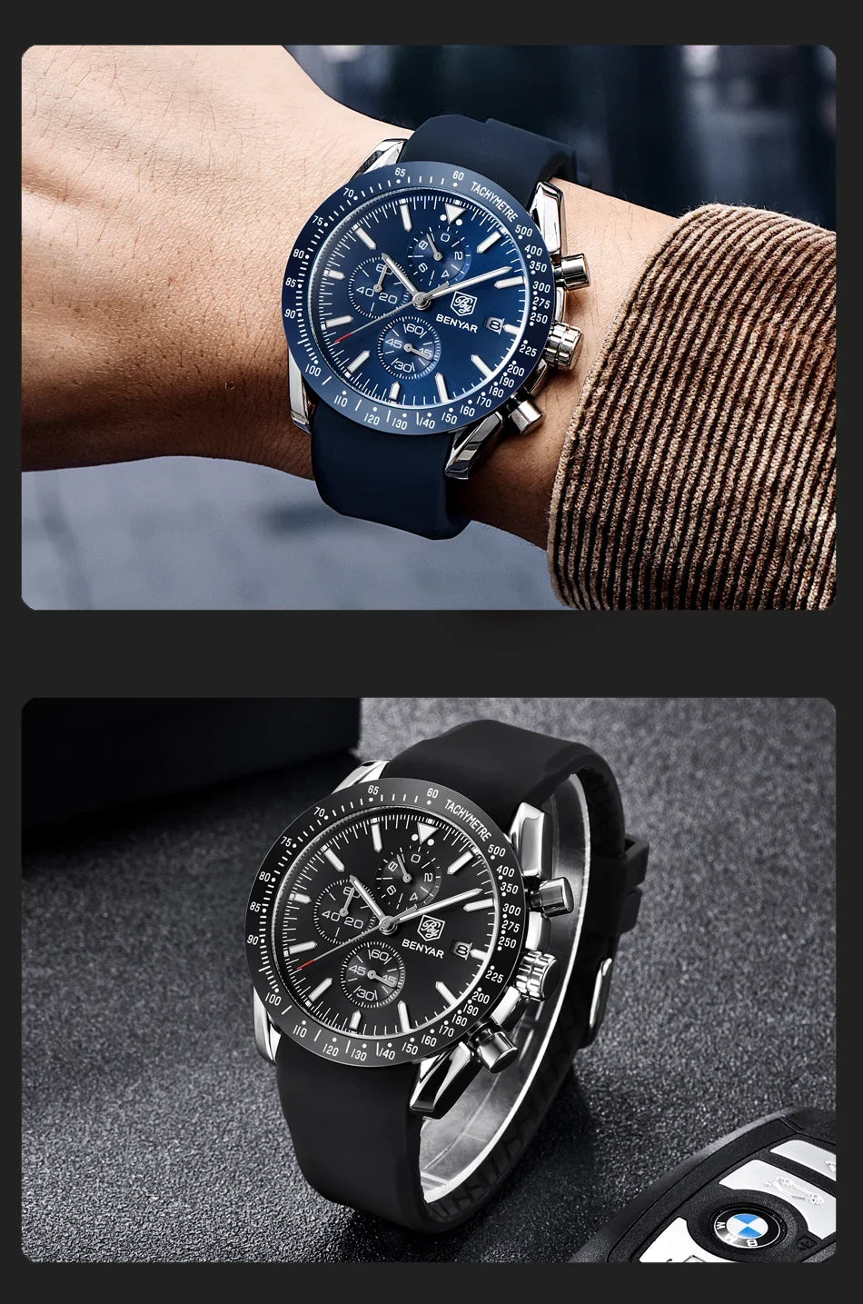 Montre homme BENYAR 5140, montre de sport décontractée, montre à quartz de luxe étanche, chronographe militaire de marque haut de gamme.