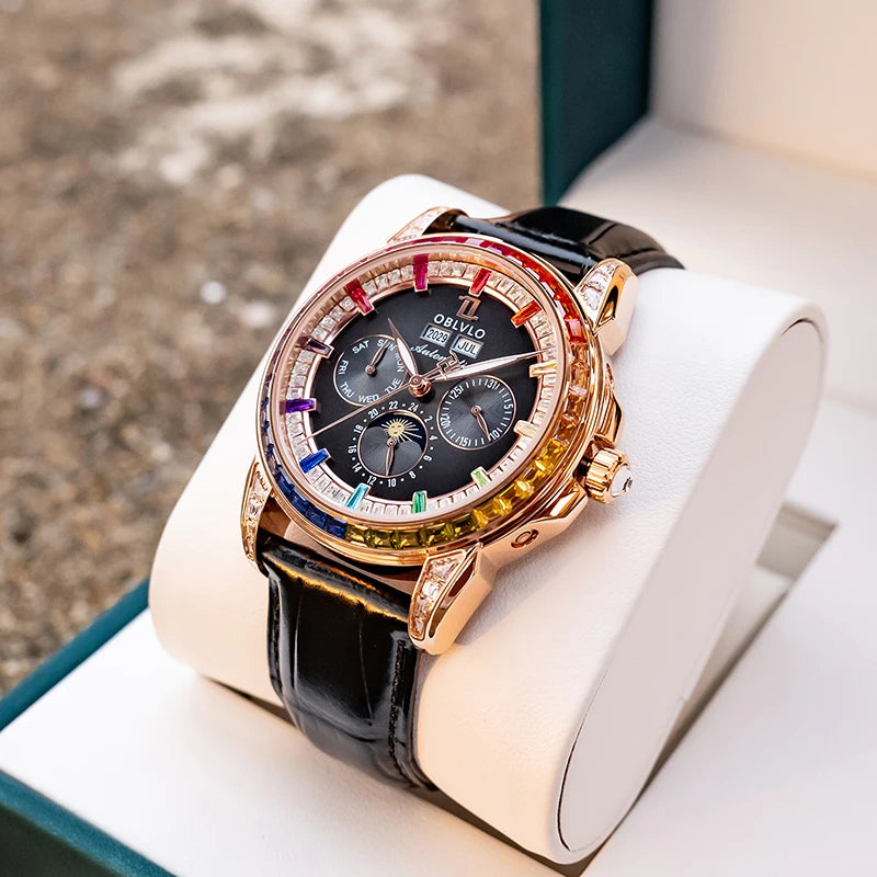 OBLVLO Men's Automatic Watch 40mm Mechanical Wristwatch 5ATM Luminous Crystal Bezel Year, Month, Week, Date, 24 Hours TY1655 Movement