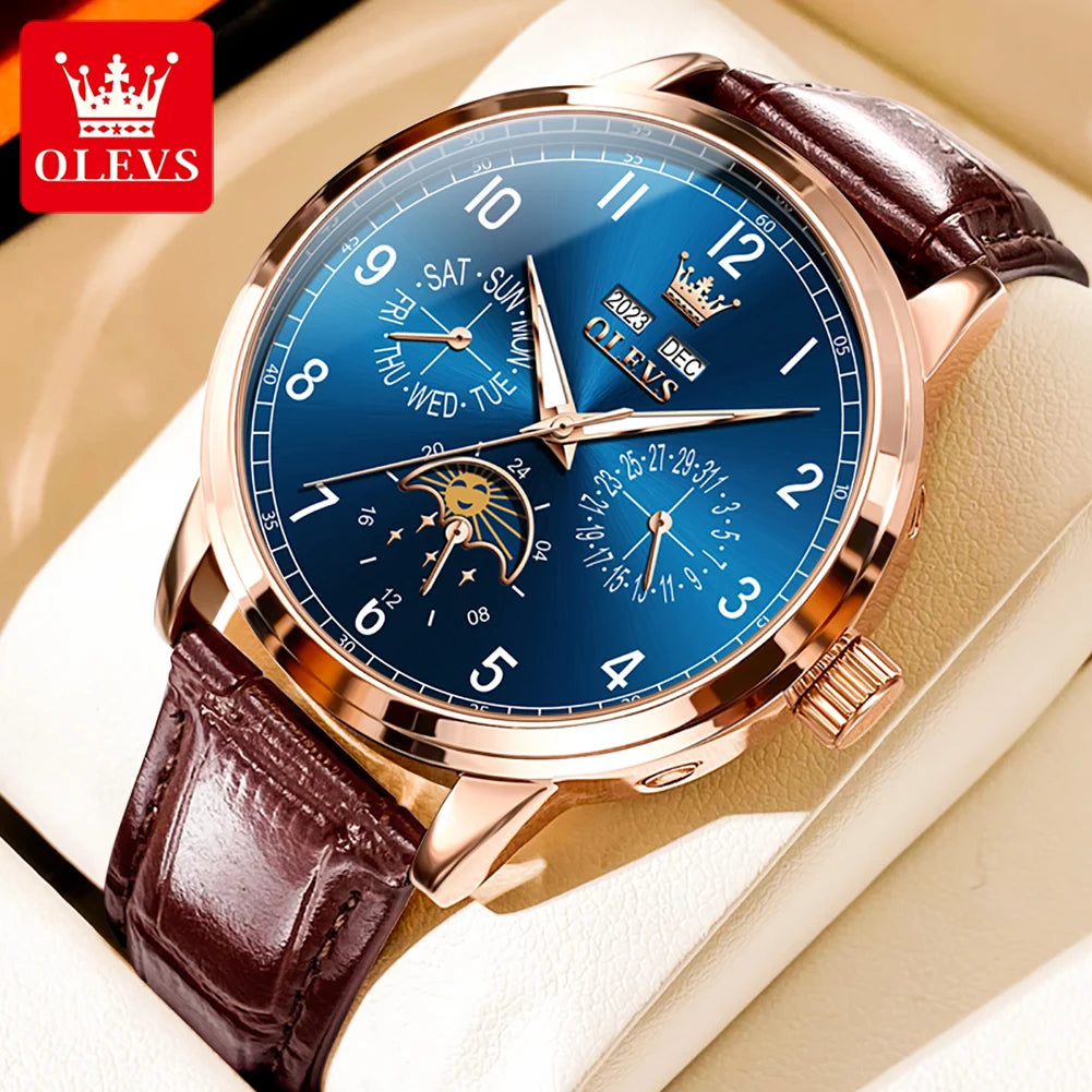 OLEVS 6698 Mens Watch Luxury Dress Brand Moon Phase Automatic Mechanical Watch For Men Leather  Waterproof Dual Calendar Watch