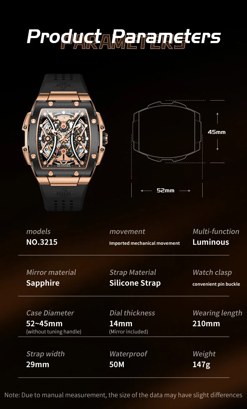 OUPINKE Herrenuhr – klassische Luxus-Armbanduhr mit Tonneau-Zifferblatt, Original-Topmarke, automatische mechanische Uhr, Silikonarmband, Saphirglas, neu