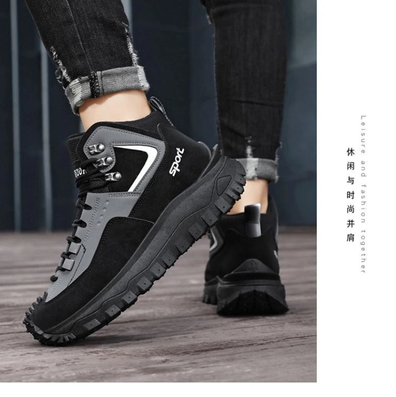 Black And Tan Mid Top Hiking Boots Suede And Leather Platform Sneakers Non Slip Outdoor Casual Shoes With Rugged Sole For All