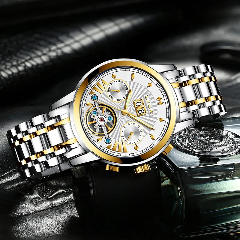 LIGE men’s automatic mechanical wristwatches – High-end luxury watch with a tourbillon, an elegant and water-resistant model, ideal for work or formal occasions.
